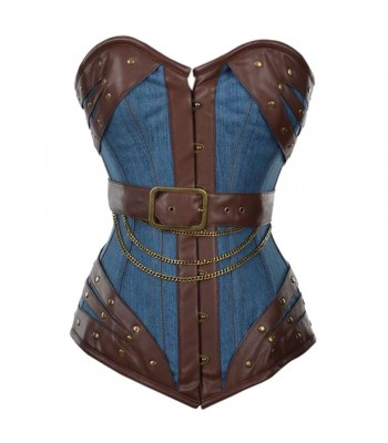 Women Corset Harnock Denim Overbust Corset With Brown Faux Leather